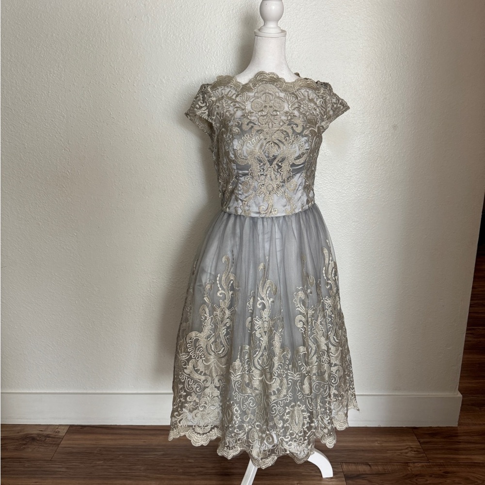 Chi Chi London Elegant Lace Dress in Gray and Cream